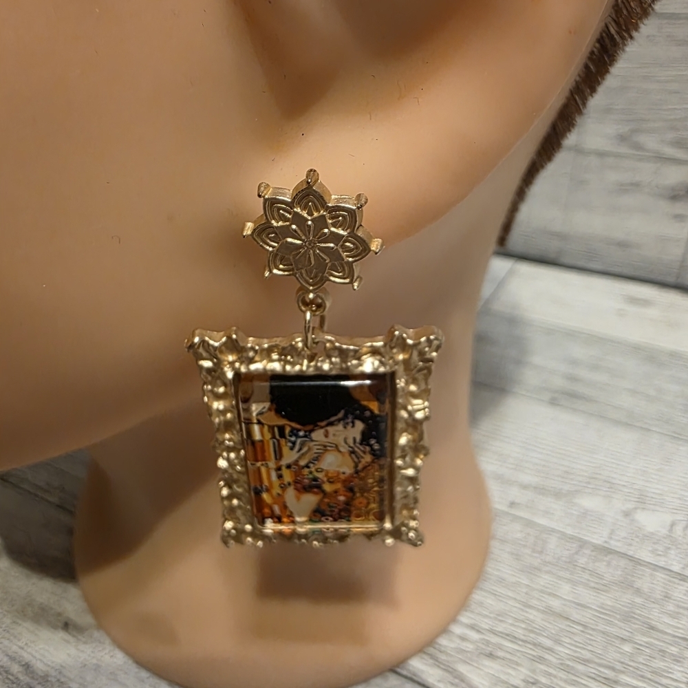 Gold Frame Drop Earrings with Artistic Inset